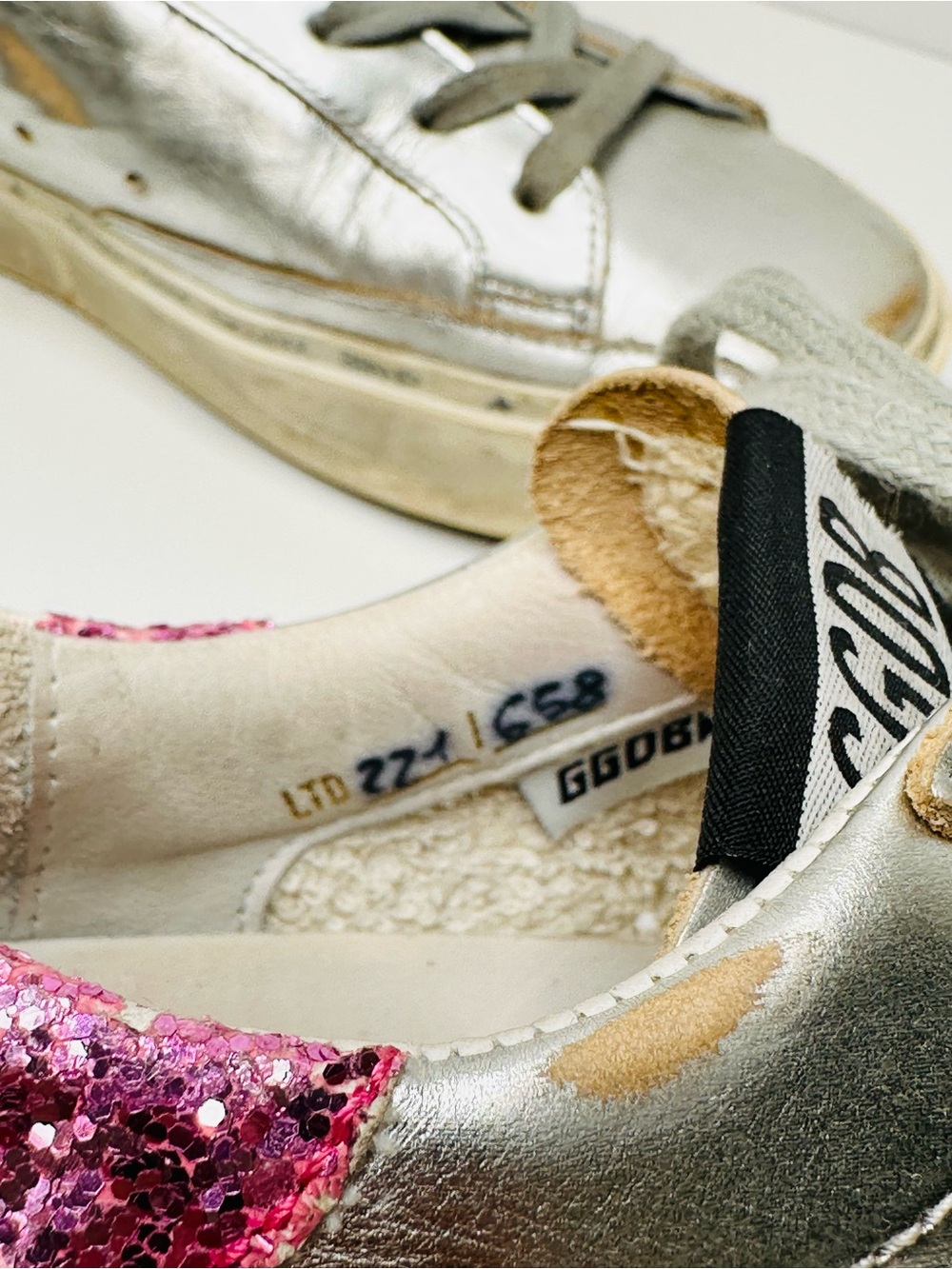 Golden Goose Hi Star Silver Leather Pink Glitter Heel Low Top Sneakers Shoes - Picture 7 of 14
